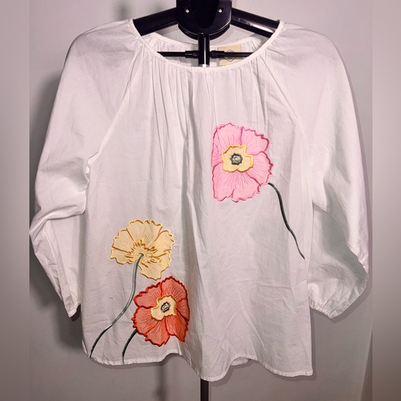 St. John's Bay Tops - St. John's Bay White Blouse with Pink and Orange Floral Embroidery